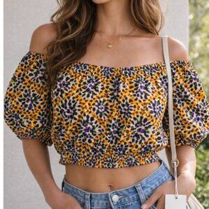 NWT JENNIFER & GRACE Off The Shoulder Cropped Blouse Yellow Purple Size Large
